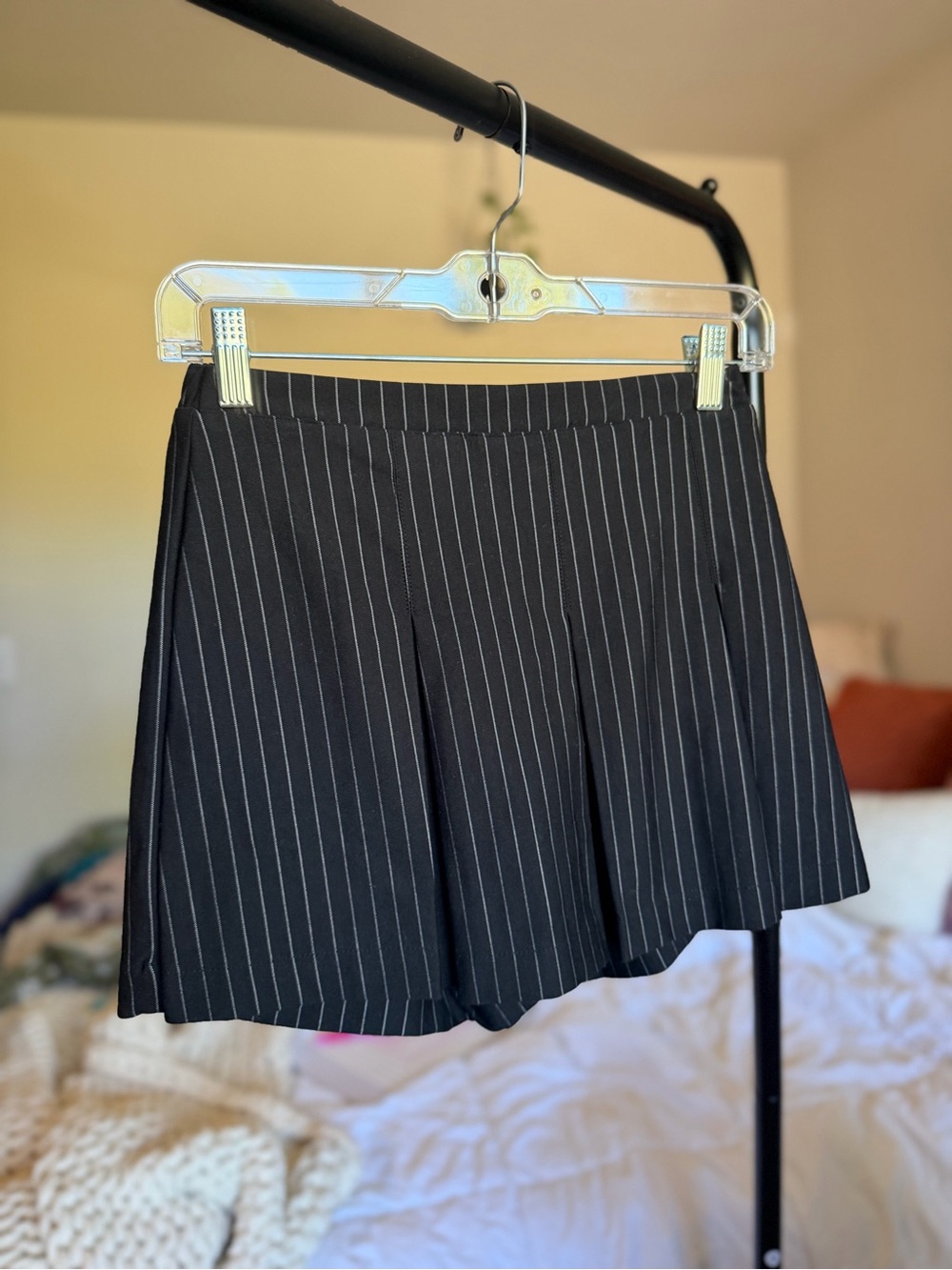 Black Pinstripe Pleated Mini Skort